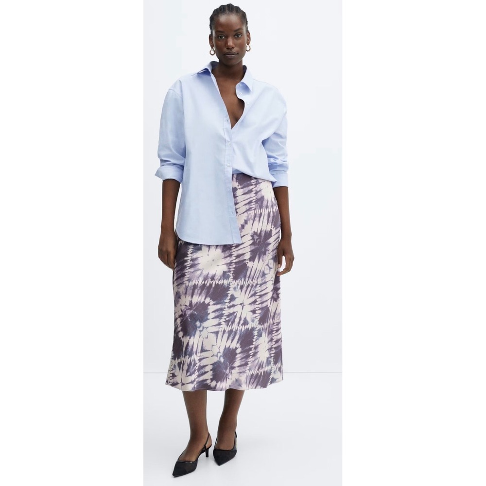 Mango Womens XXL Purple Tie Dye Satin Midi Skirt Purple Print Slip Skirt